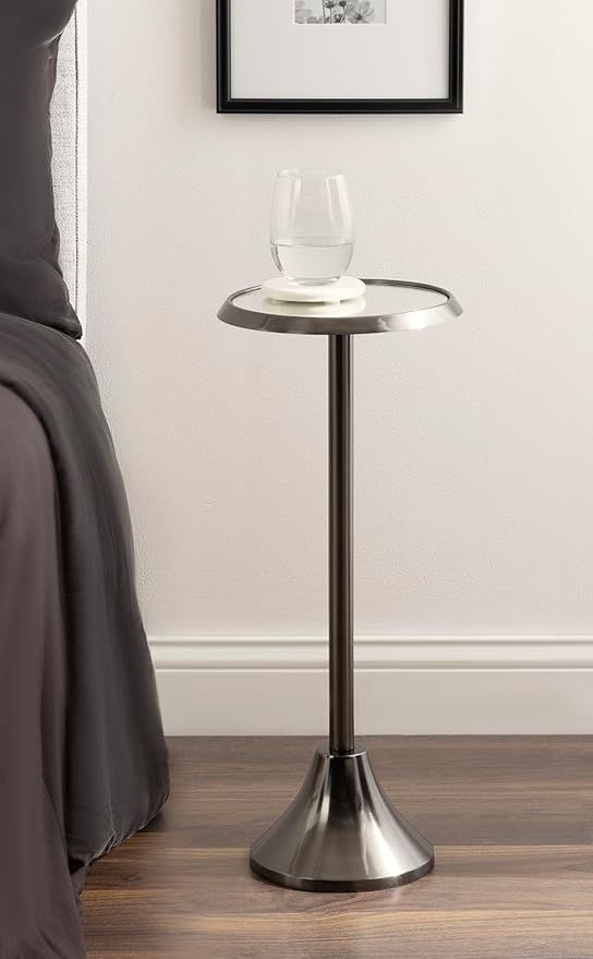 Kate and Laurel Sanzo Modern Pedestal Drink Table; 10 x 10 x 23; Gray Gunmetal; Decorative End Table with Mirrored Tabletop for Use as Small Plant Stand or Cute Martini Table