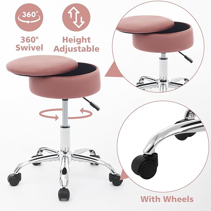 Adjustable Vanity Stool with Storage Rolling Vanity Chair with Wheels Swivel Vanity Stool Chair for Vanity Makeup Stool Pink