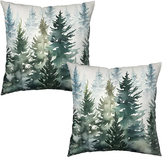 Watercolor Green Tree 24x24 Pillow Covers Set of 2 Nature Themed Christmas Decorative Pillow Cases Rustic Forest Pillow Protector Winter Farmhouse Square Cushion Cases for Home Couch Sofa