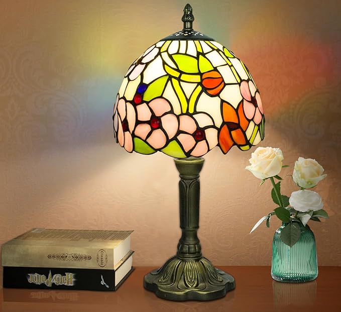 Crefotu Tiffany Style Table Lamp, 3 Color Temperatures Bedside Lamp, 8 Inch Stained Glass Desk Light for Home Office Bedroom Living Room (Four-Leaf Flower Pattern)