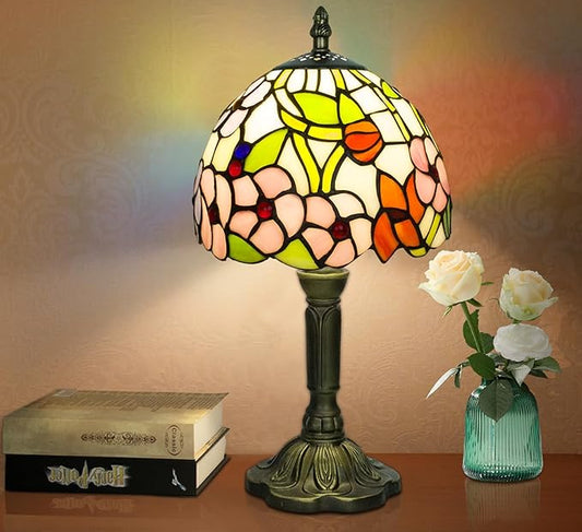 Crefotu Tiffany Style Table Lamp, 3 Color Temperatures Bedside Lamp, 8 Inch Stained Glass Desk Light for Home Office Bedroom Living Room (Four-Leaf Flower Pattern)