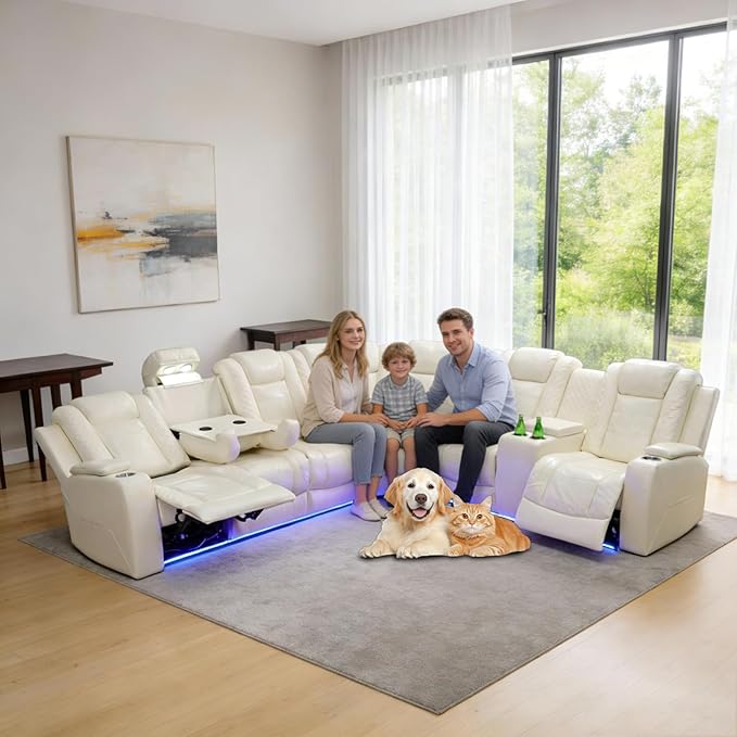 Electric Power Recliner Sectional with Quiet Adjustable Seating, Air Leather Couch for Home Theater Experience, Wireless Power, Cup Holders, Storage Design for Modern Living Room, White