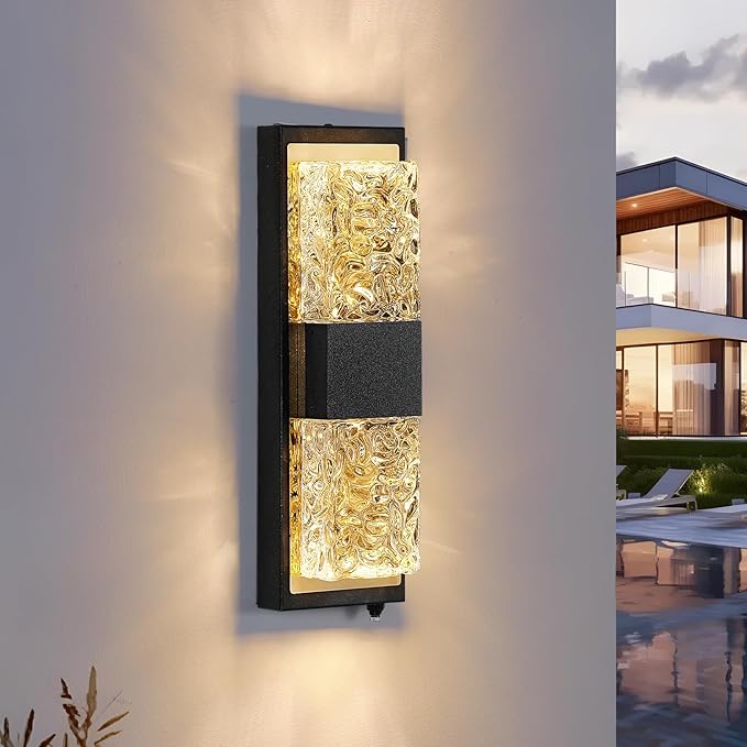 Dusk to Dawn Outdoor Lighting,Porch Lights Outdoor IP65 Waterproof Exterior Lighting Fixtures 12W LED Crystal Modern Outside Light for House Hallway Doorway Patio,14.2'' Back&Gold (1PCS)