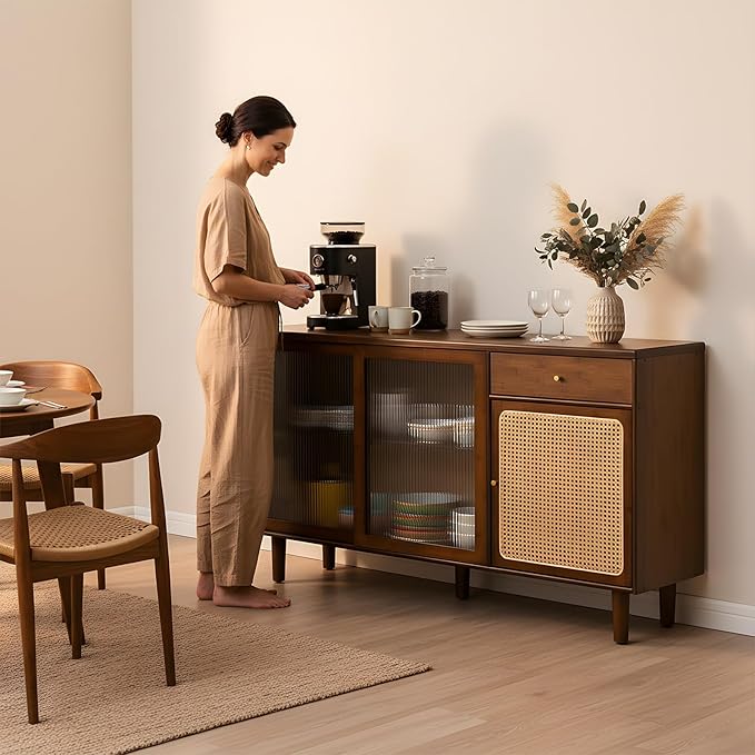 Tiita Bamboo Sideboard Buffet Cabinet, Rattan Kitchen Storage Cabinet with Drawer, Boho Coffee Bar Tables for Kitchen Hallway Office, Walnut