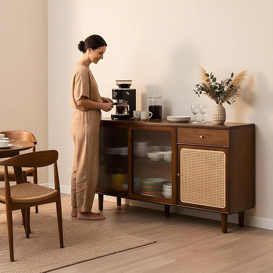 Tiita Bamboo Sideboard Buffet Cabinet, Rattan Kitchen Storage Cabinet with Drawer, Boho Coffee Bar Tables for Kitchen Hallway Office, Walnut