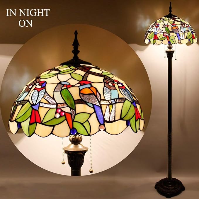 WERFACTORY Tiffany Floor Lamp Double Birds Amber Stained Glass Standing Reading Light 16X16X64 Inches Antique Pole Corner Lamp Decor Bedroom Living Room Home Office S805 Series