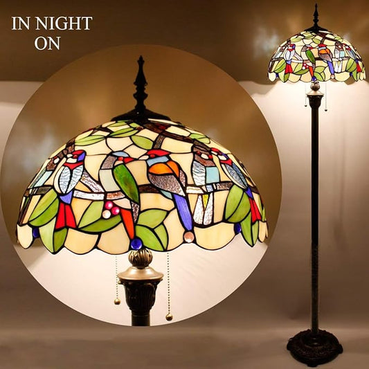 WERFACTORY Tiffany Floor Lamp Double Birds Amber Stained Glass Standing Reading Light 16X16X64 Inches Antique Pole Corner Lamp Decor Bedroom Living Room Home Office S805 Series