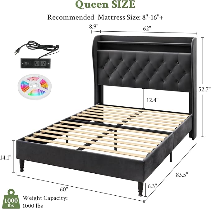 Queen Bed Frame with Tall Headboard, Velvet Upholstered Platform Bed with LED Lights & Charging Station, 52.7"-55" Adjustable/Modern Tufted Wingback Storage Headboard, No Box Spring Needed, Black