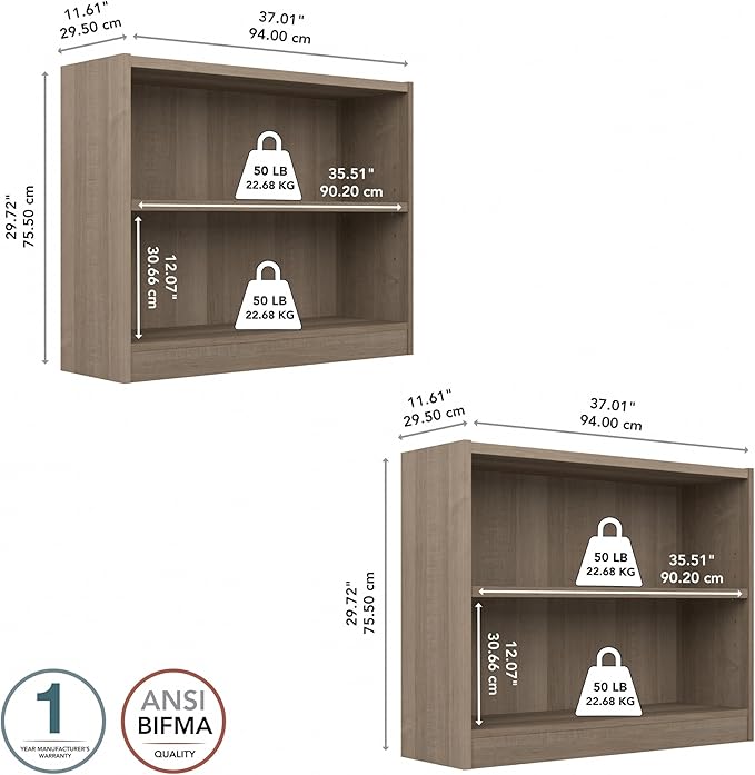 Bush Furniture Universal Small 2 Shelf Bookcase in Ash Gray - Set of 2, Matching Storage and Display Bookshelves for Home Office or Living Room Organization