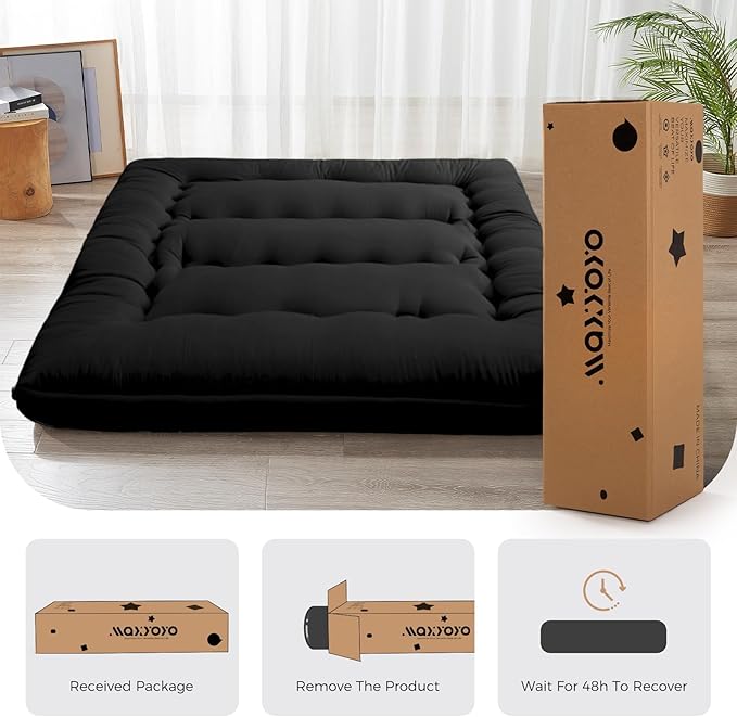 MAXYOYO 6" Thick Japanese Floor Mattress Futon Mattress, Foldable Tatami Pad for Adults, Roll Up Floor Bed for Guest Room Bedroom RV, Black, Queen