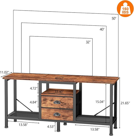 Furologee TV Stand with 2 Fabric Drawers, 43 Inch Entertainment Center with Open Storage Shelves, Media Console Table for Bedroom, Living Room, Rustic Brown