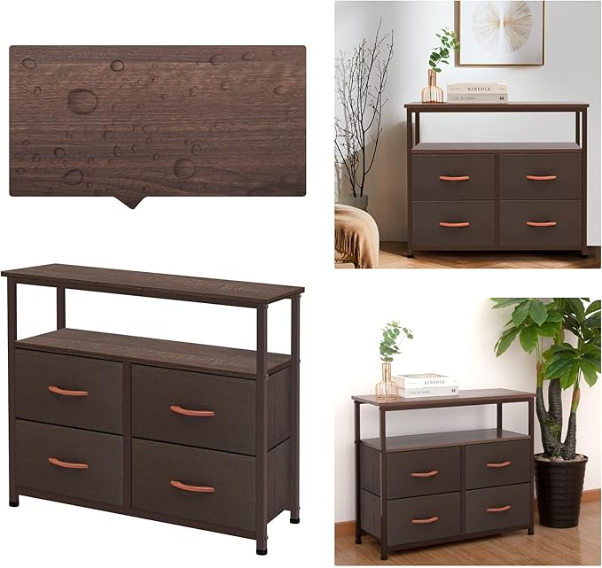 Dresser for Bedroom, 4 Drawer Organizer Unit with Open Shelves, Sturdy Steel Frame, Wooden Top Fabric Dressers & Chest of Drawers for Nursery, Living Room, Office, Closet Storage, Coffee