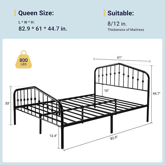 Allewie Queen Size Platform Metal Bed Frame with Chic Headboard and Footboard, Modern Design with Storage Space, Easy Assembly, Black
