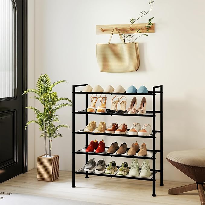 5-Tier Shoe Rack, Metal Storage Shelves for Closet Entryway, Tall Narrow Unit for Small Spaces, Multi-Purpose Organizer for Bedroom Garage, Easy Assembly, Black