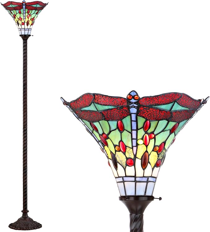 JONATHAN Y 71" Bronze/Red Dragonfly Tiffany-Style LED Floor Lamp, Traditional Standing Light for Living Room, Multi-Color Stained Glass Shade, LED Bulb Included JYL8002A