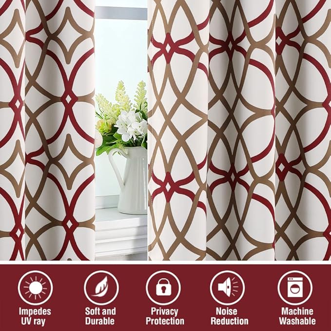 H.VERSAILTEX Blackout Curtains Printed Design 63 Inch Length 2 Panels Set Thermal Insulated Curtains for Bedroom Living Room Geometric Modern Grommet Window Drapes - Taupe and Red
