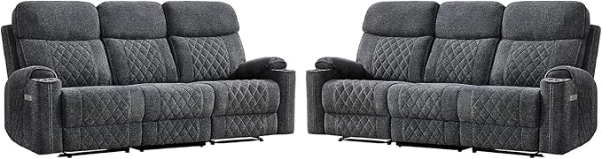 HAOMARKETS Power Oversized Reclining Sofa Couch Set of 2 with Cup Holders, Breathable Fabric 3-Seater Electric Recliner Couches with USB and Type-C Charging Ports for Living Room, Dark Grey