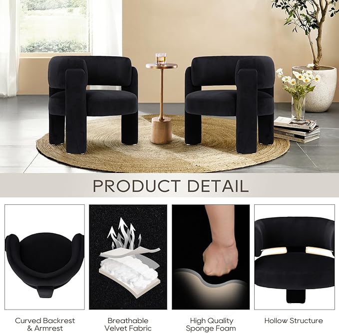COLAMY Modern Accent Chair Set of 2, Velvet Accent Chairs, Upholstered Barrel Chairs with Solid Wood Legs, Comfy Side Chair for Living Room, Bedroom, Reading, Cozy Reading Chair,Black