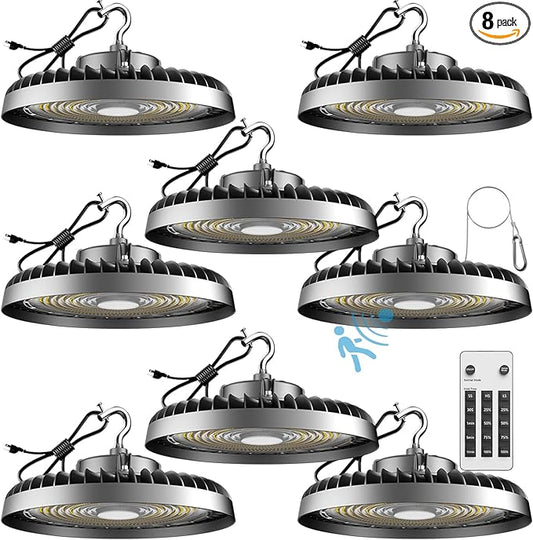 Lightdot Smart 250W LED High Bay Light 37,500LM Commercial Bay Lighting with Control (Supports Normal Mode & Motion Sensor Mode) ETL-Listed Plug and Play for 30-40FT Height-6Yrs Warranty-8Pack