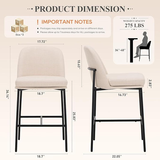 Bar Stools Set of 6, Modern Upholstered Counter Height Bar Chairs with Cushioned Seat and Curved Back, Fabric Kitchen Island Stools with Sturdy Metal Legs for Dining Room Island Bar, Beige