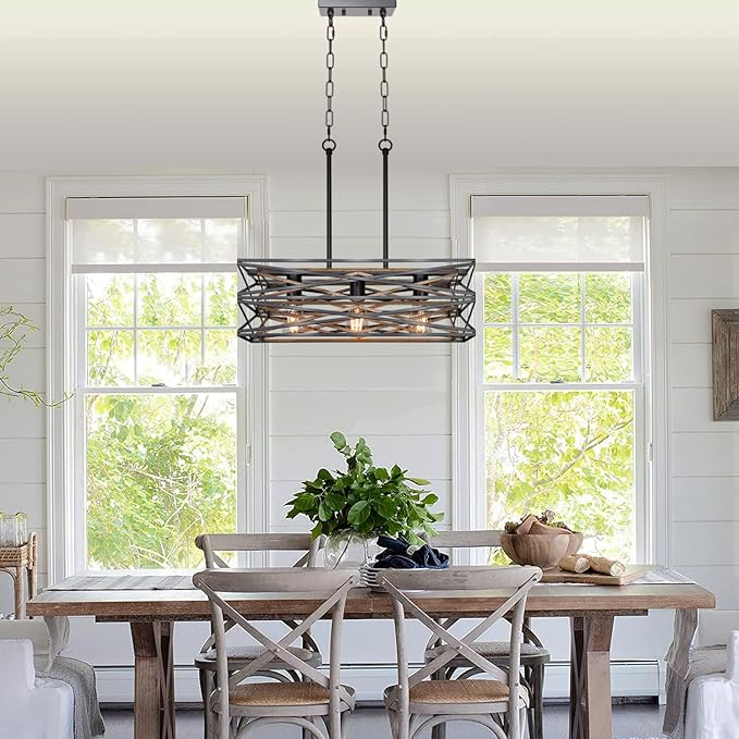 21''Farmhouse Dining Room Light Fixture,3-Light Kitchen Island Lighting,Industrial Chandelier for Dining Room Over Table Kitchen Bar,Linear Chandelier with Retro Wood Texture Interior