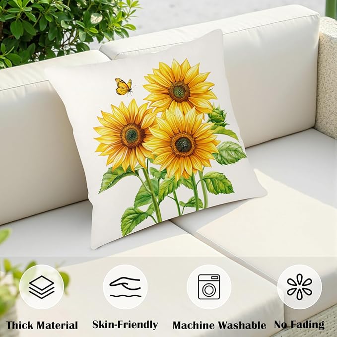 Sunflower Throw Pillow Covers 18x18 Set of 2 Watercolor Yellow Floral Decorative Pillow Cases Summer Outdoor Farmhouse Throw Pillows for Home Couch Sofa Porch Living Room