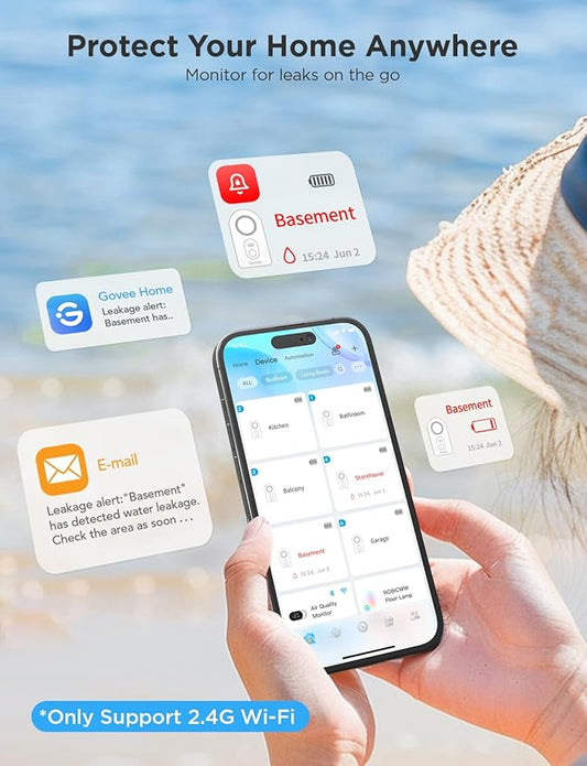Govee WiFi Water Leak Detector 3 Packs, Leak Alert with Remotely Email/APP Push and Sound Alarm, Smart Water Sensor with 100dB Adjustable Alarm, Suit for Home and Basement