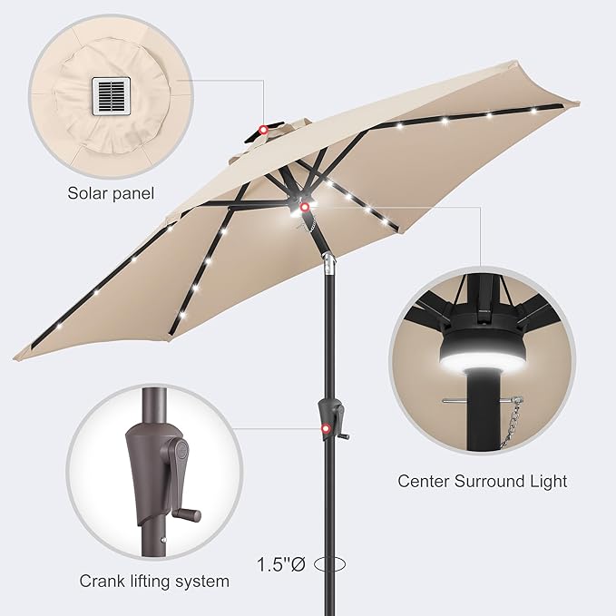 7.5ft Solar Umbrella Outdoor - Lighted Solar Patio Umbrella with 24 LED Lights Waterprool UV Protection, Table Umbrella with Tilt for Pool, Porch, Garden, Deck, Backyard (Beige)