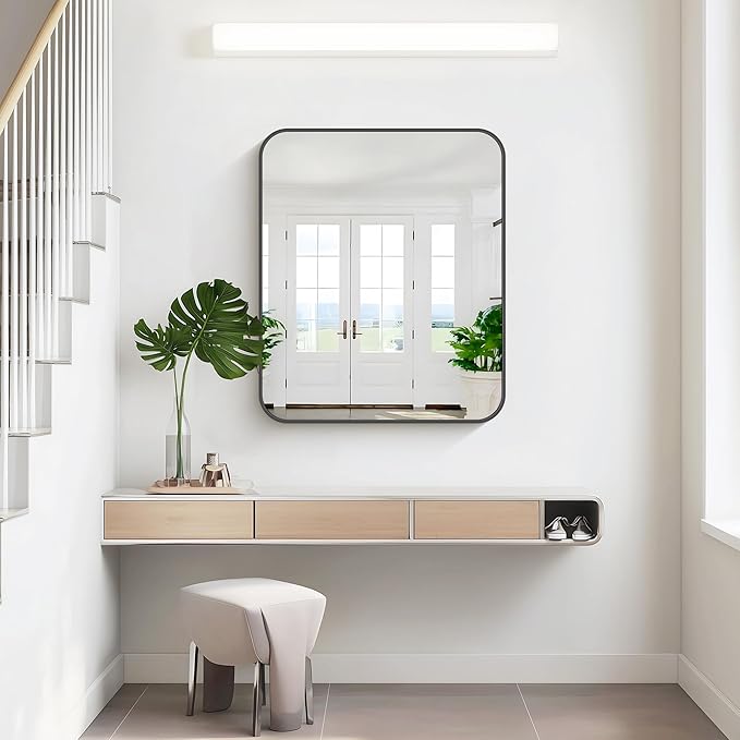 KOCUUY 30x36 Inch Rectangle Bathroom Mirror with Black Metal Frame,Modern Design of Wall Mounted Upgraded Shatterproof Glass, Rounded Corners for Bedroom, Living Room, Entryway