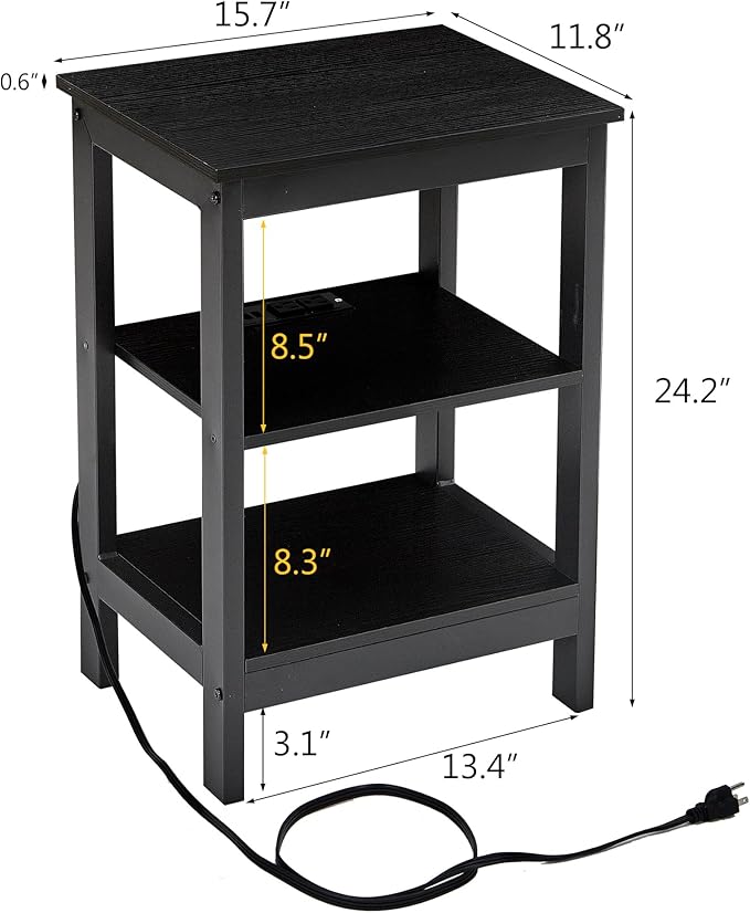 VECELO Side/End Storage with Shelf Versatile Nightstands Lamp Table Living Room Bedroom Furniture, Shelves, Classic Black