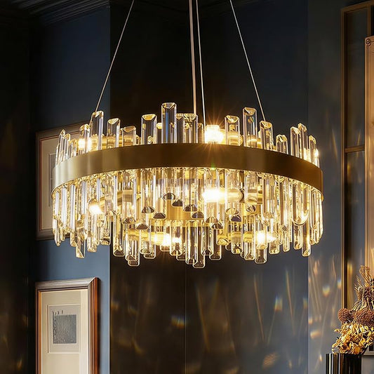 Gold Crystal Chandelier for Dining Room, 12-Light Modern Chandelier, 23.6-inch K9 Crystal Raindrop Ceiling Light, Luxury Flush Mount Light Fixture for Kitchen Living Room Entryway Bedroom