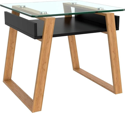 bonVIVO Pablo Black Side Table – Square Wooden Coffee Table with Glass Top, Stylish Living Room Table, Small Bedside Table, Modern End Table for Sofa, Bedroom or Lounge Décor