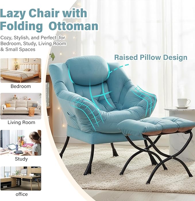 Lazy Chair with Ottoman, Modern Chair with Folding Footrest, Velvet Light Blue Accent Chair, Comfortable Reading Chair, Oversized Armchairs for Bedroom, Study, Living Room, Courtyard