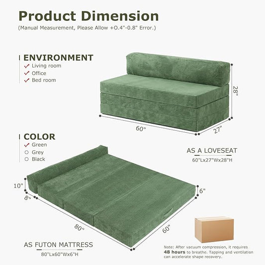 5-in-1 Convertible Sofa Bed, Boneless Loveseat Sleeper with Removable Cushions & Washable Cover, Futon Sofa Bed with Handle, Pull Out Couch for Small Spaces, Queen Size, Green