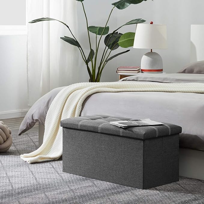 YOUDENOVA 30 inches Folding Ottoman, Ottoman with Storage Footrest Seat Support 350lbs, Storage Bench for Living Room Bedroom, Linen Fabric Grey