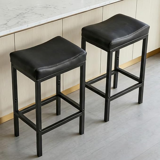 Counter Height Bar Stools Set of 2, 25.5 Inch, Faux Leather bar Stool, Saddle Barstool with Footrest,Stools for Kitchen Counter,Dining Room,Easy Assembly, Black