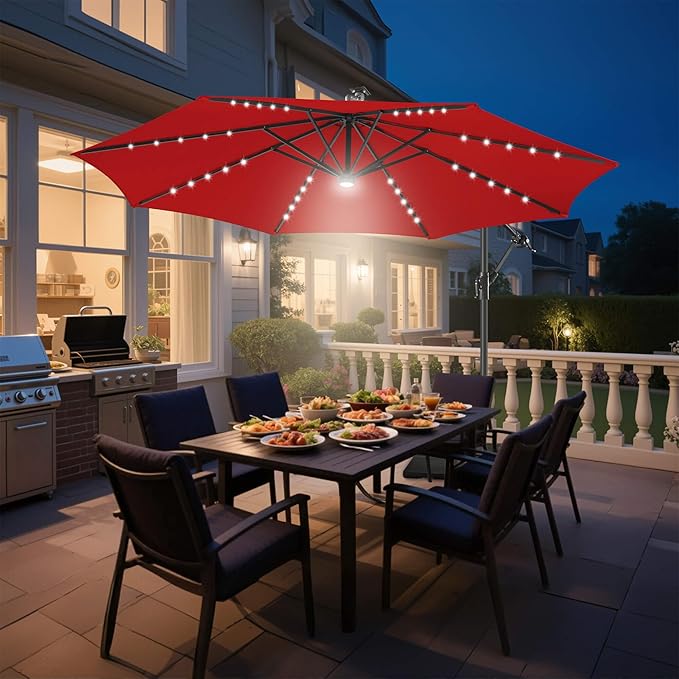 FLAME&SHADE 10ft Solar Cantilever Umbrella with 40 LED Lights, Lighted Large Offset Outdoor Patio Umbrellas, 8 Sturdy Ribs, UPF50+ UV Protection for Pool Deck Garden Yard, Red