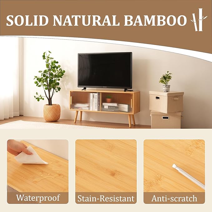 Bamboo TV Stand for TVs up to 50 Inches, Entertainment Center with 2 Sliding Acrylic Doors for Gaming Console, Modern Accent TV Console Cabinet for Living Room Bedroom (39.4)