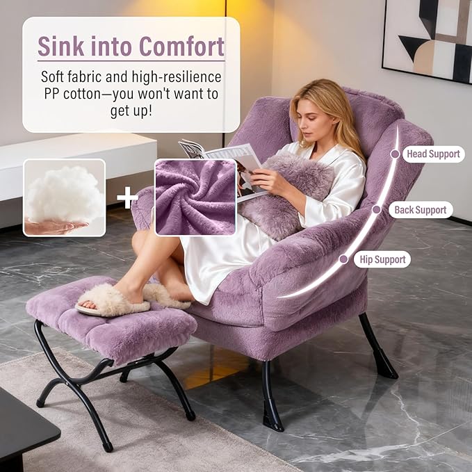 Lazy Chair with Ottoman, Modern Chair with Folding Footrest, Plush Purple Accent Chair, Comfortable Reading Chair, Oversized Armchairs for Bedroom, Study, Living Room, Courtyard
