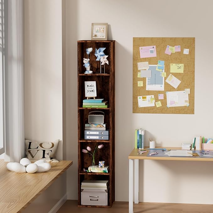 5 Tier Bookshelf, Open Tall Narrow Floor Standing Bookcase, Wooden Book Shelf Display Organizer for Home Office, Study (Retro Brown, 5 Cube)