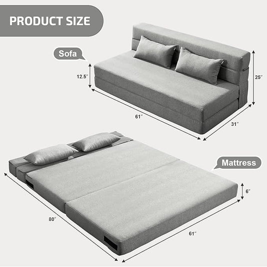 SUYOLS Folding Sofa Bed with Pillows- Convertible Chair Floor Couch & Sleeping Mattress, Foldable Memory Foam Sleeper for Living Room/Dorm/Guest Room/Home Office/Apartment/Loft, Queen, Light Gray