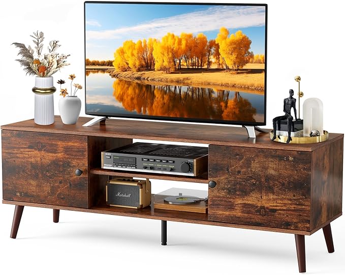 NEWBULIG Modern TV Stand for 55 60 inch TV, Mid Century Entertainment Center with Storage Cabinet and Open Shelves, Wooden Media Console Table for Living Room, Bedroom, Office Furniture, Rust Brown