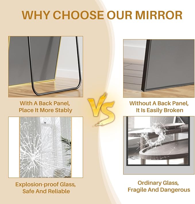 Mirror Full Length 59"x16" Rectangle Floor Mirror with Stand, Aluminum Alloy Frame & Shatterproof Glass Full Body Mirror, Freestanding Hanging or Leaning Wall Mirrors for Bedroom Closet Living Room