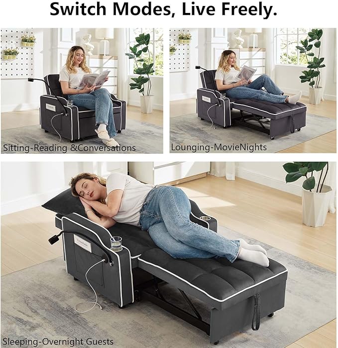 Convertible Sofa Bed, 3 in 1 Futon Sofa Bed with USB Charging Ports, Cup Holder, Phone Stand & Pocket, Modern Upholstered Sleeper Sofa for Living Room, Apartment or Small Space (Grey)