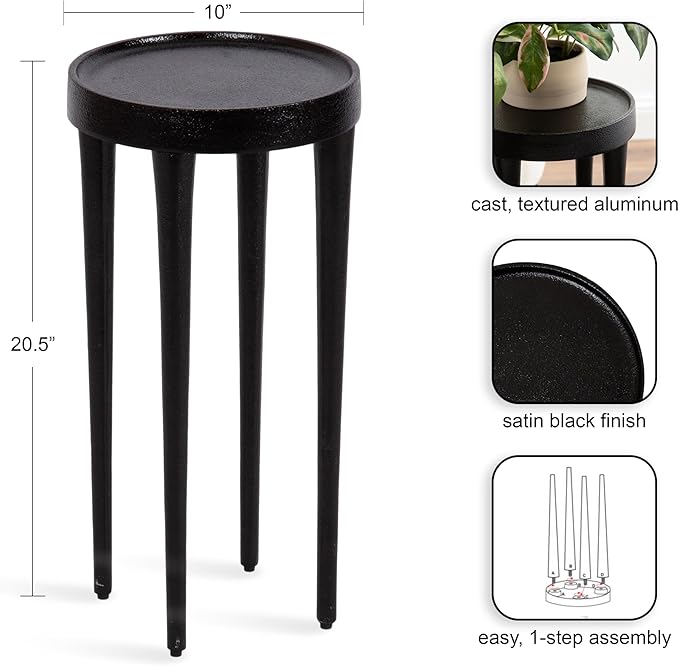 Kate and Laurel Rava Modern Metal Round Drink Table, 10 x 10 x 21, Black, Cast Aluminum Accent Table for Use as Indoor Plant Stand or Living Room Decor Piece