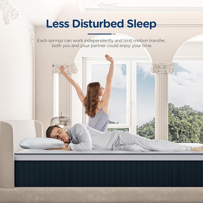 Queen Mattress, 14Inch Medium Plush Supportive Memory Foam Hybrid Mattress, Pressure Relief 7-Zone Individual Pocket Springs Queen Size Mattress in a Box, CertiPUR-US Certified, 60"*80"
