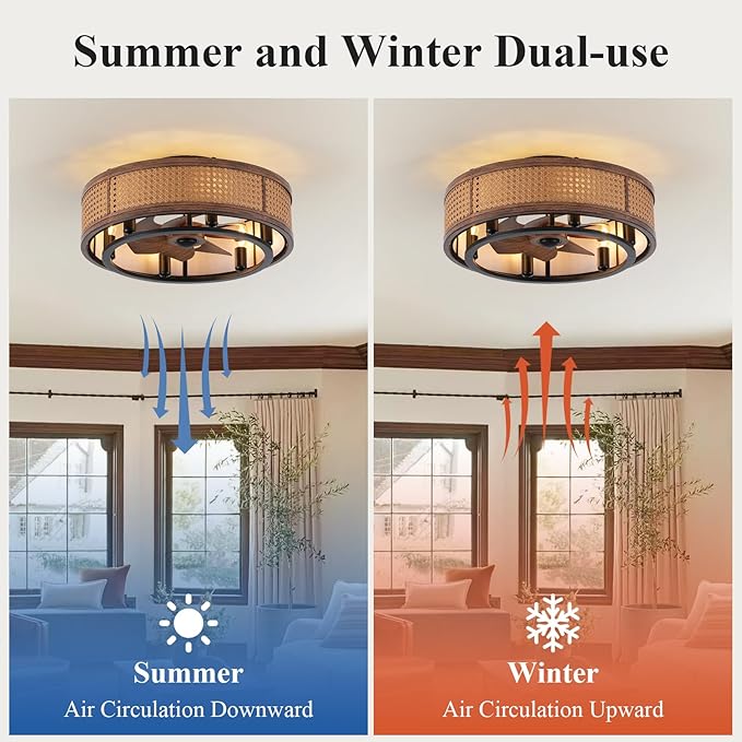 NORFOLK 20" Boho Ceiling Fan with Light, Flush Mount Ceiling Fan with Quiet Energy-Saving DC Motor & 6 E12 LED Bulbs Included, Farmhouse Rattan Caged Ceiling Fan with Light for Bedroom Living Room