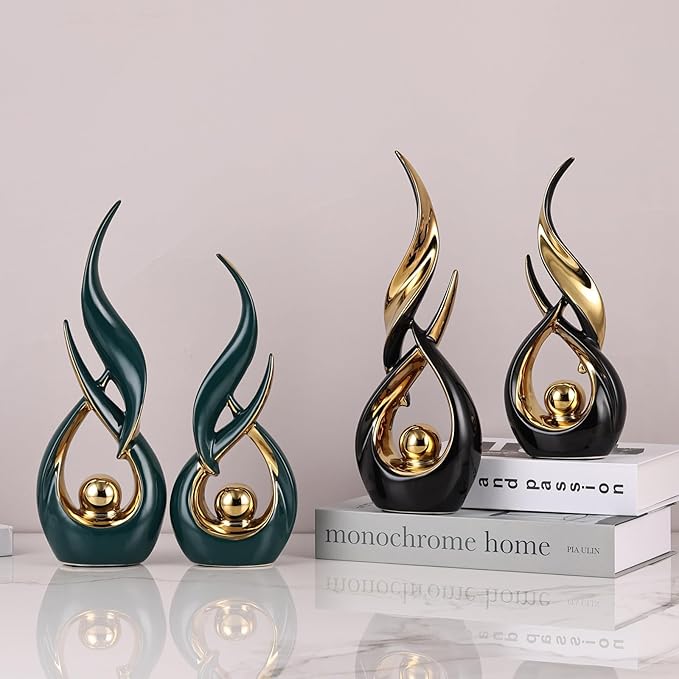 2 PCS Black Gold Ceramic Statues For Home Decor Accents, Modern Abstract Art Sculptures, Elegant Tabletop Decorative Objects For Dining Room, Entryway, Tv Stand, Mantel, Coffee Table Centerpieces