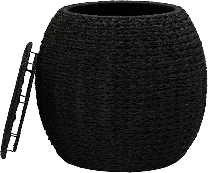 Household Essentials Handwoven Paper Rope Barrel Wicker Storage Basket Side Table, Black
