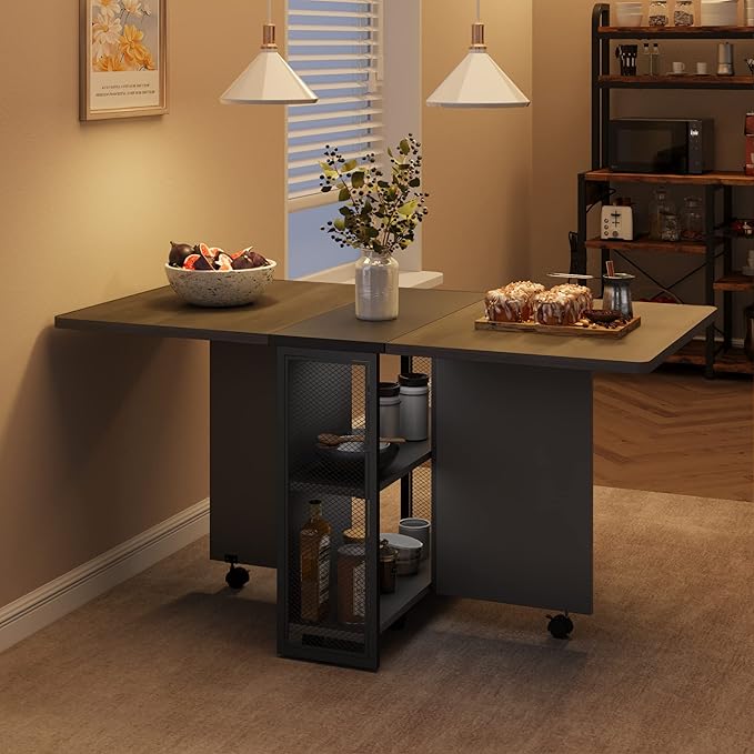 GAOMON Folding Dining Table, Drop Leaf Dining Table for 4, Foldable Kitchen Table with 6 Wheels and 2 Storage Shelf, Space Saving Dining Table with Drawer for Small Spaces
